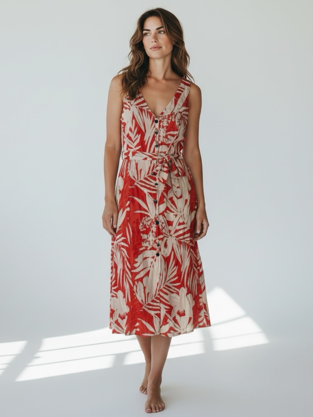 New DKNY Sleeveless V-Neck Red and Cream Tropical Midi Dress size 14